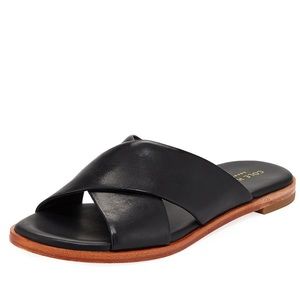 Cole Haan Grand OS Anica Leather Black Criss Cross Open Toe Slide On Sandals